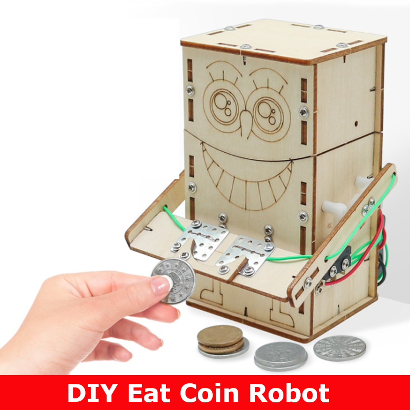 Science Diy Model - Elektrisch betriebener Eat-Münzenroboter aus Holz, DIY-Modelle